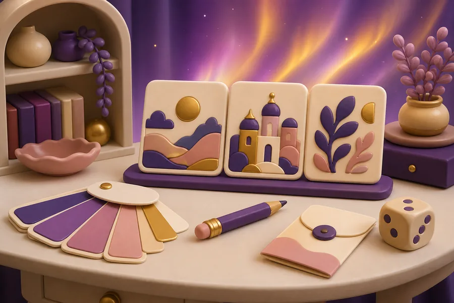 A work table with a colour swatch fan, three game art studies propped up, a pencil, a paper prototype and a die.