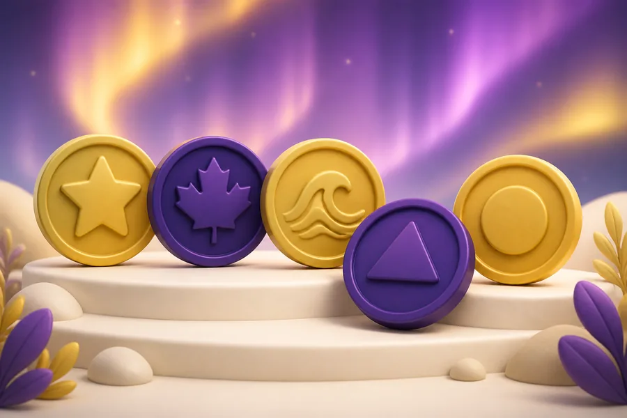 Five rounded medallions in gold and purple, embossed with a star, a leaf, a wave, a triangle and a circle, on a pale step.