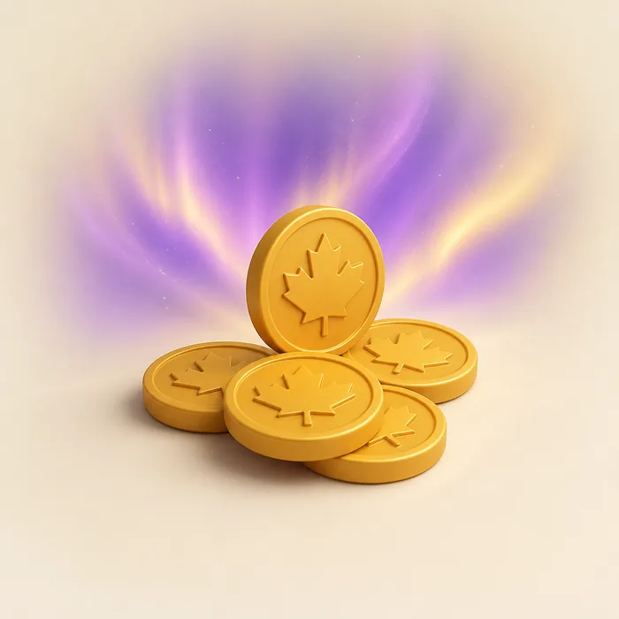 Five gold play tokens embossed with a plain leaf, stacked loosely with one standing on its edge.