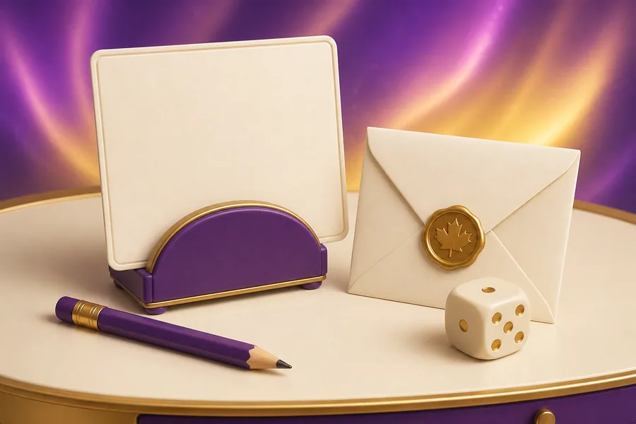A blank note card in a holder beside an envelope sealed with a gold leaf-shaped wax seal, a pencil and a die on a desk.