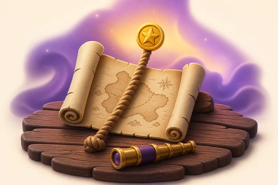 A rope rising over a rolled treasure map on timber planks, with a gold star token at the top of the rope.