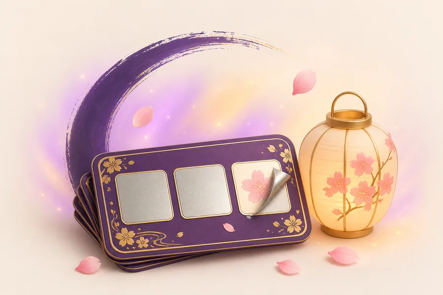 A stack of purple and gold scratch cards beside a glowing paper lantern, with blossom petals falling.