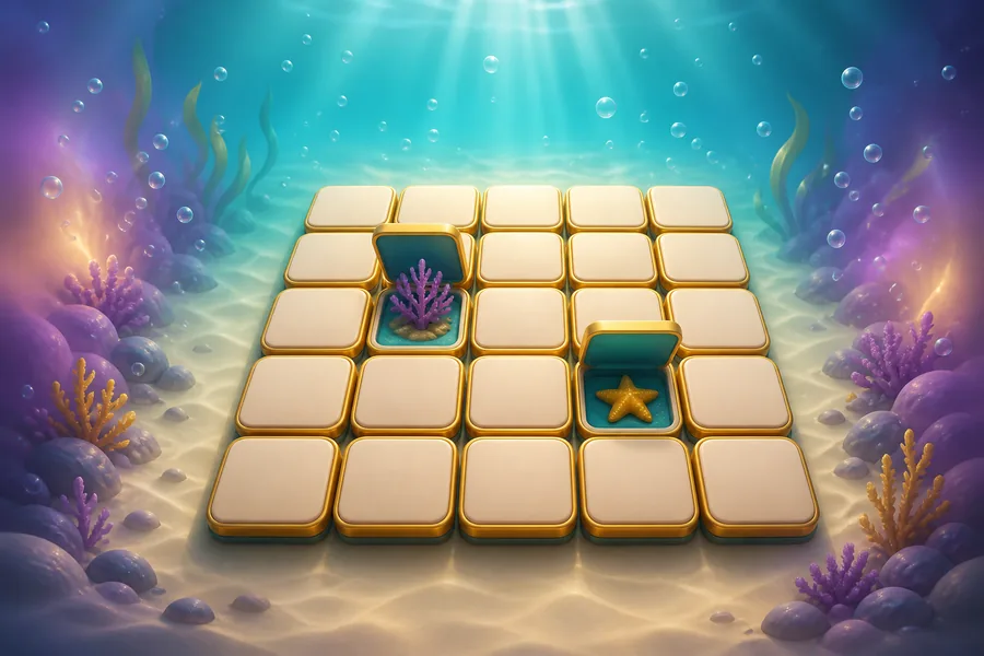 Coral tiles arranged in a grid on a sunlit sea floor, two tiles lifted to show coral and a sea star beneath.