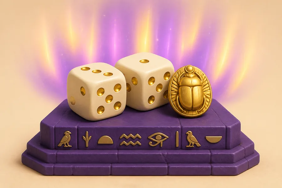 Two cream dice with gold pips on a purple stone plinth carved with hieroglyph-style symbols.