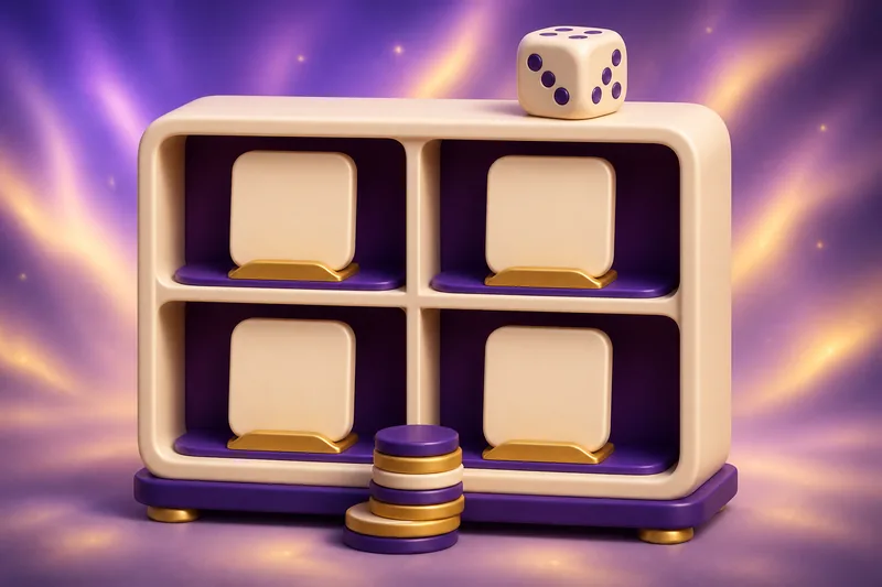 A rounded shelf unit with four cubbies holding blank game tiles, a die on top and a small stack of play tokens beside it.