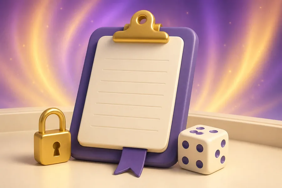 A clipboard holding a blank ruled sheet with a purple ribbon marker, a closed gold padlock and a die beside it.