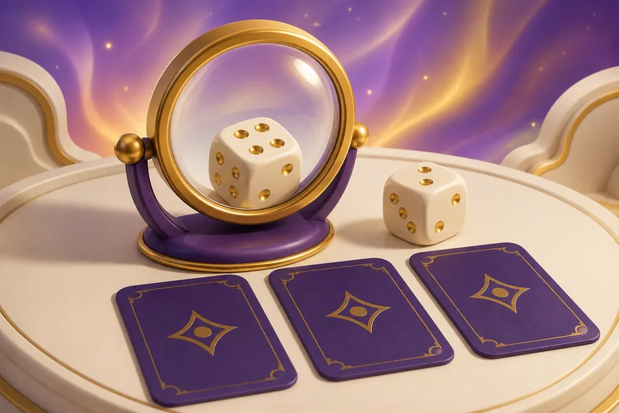 A magnifying glass in a gold stand angled over two dice and three face-down purple cards on an ivory table.
