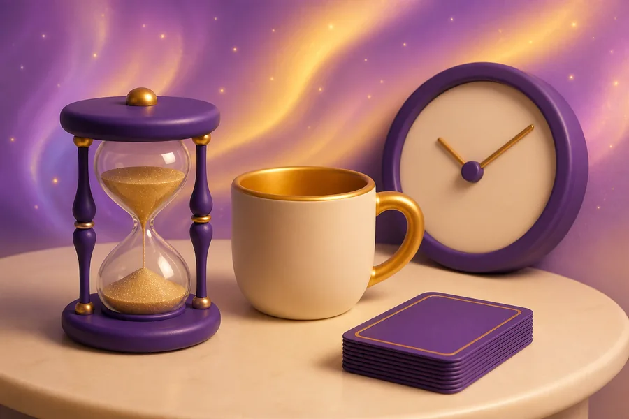 An hourglass with gold sand beside a warm mug and a face-down deck of purple cards on a table, with a plain clock behind.