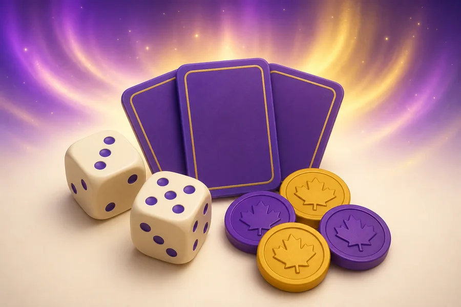 Two dice, three face-down purple cards and a loose stack of gold and purple play tokens on an ivory surface.