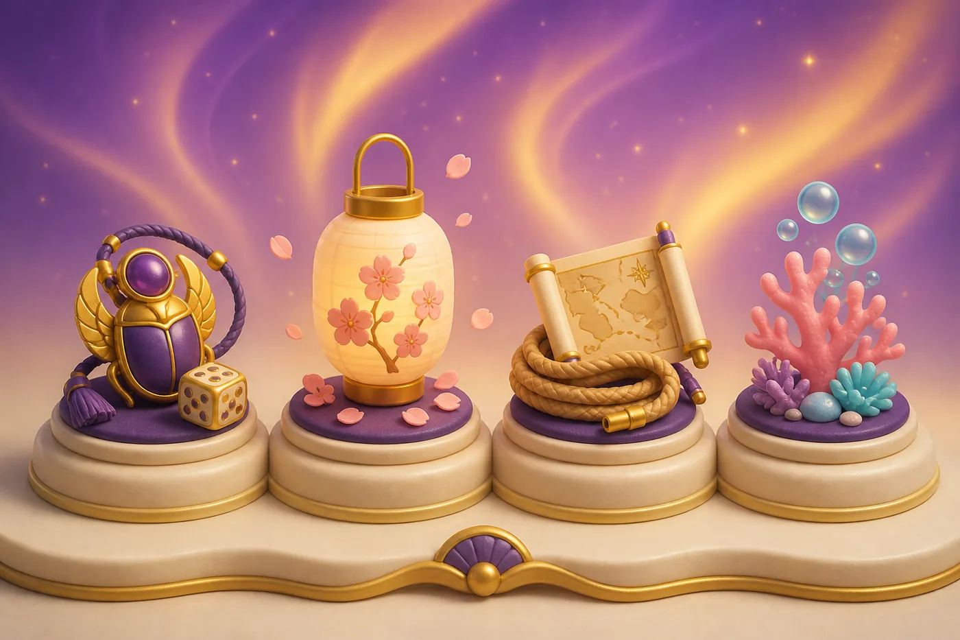 Four display plinths in a row holding a gold scarab with a die, a glowing lantern with blossom petals, a coiled rope with a treasure map, and a cluster of coral with bubbles.